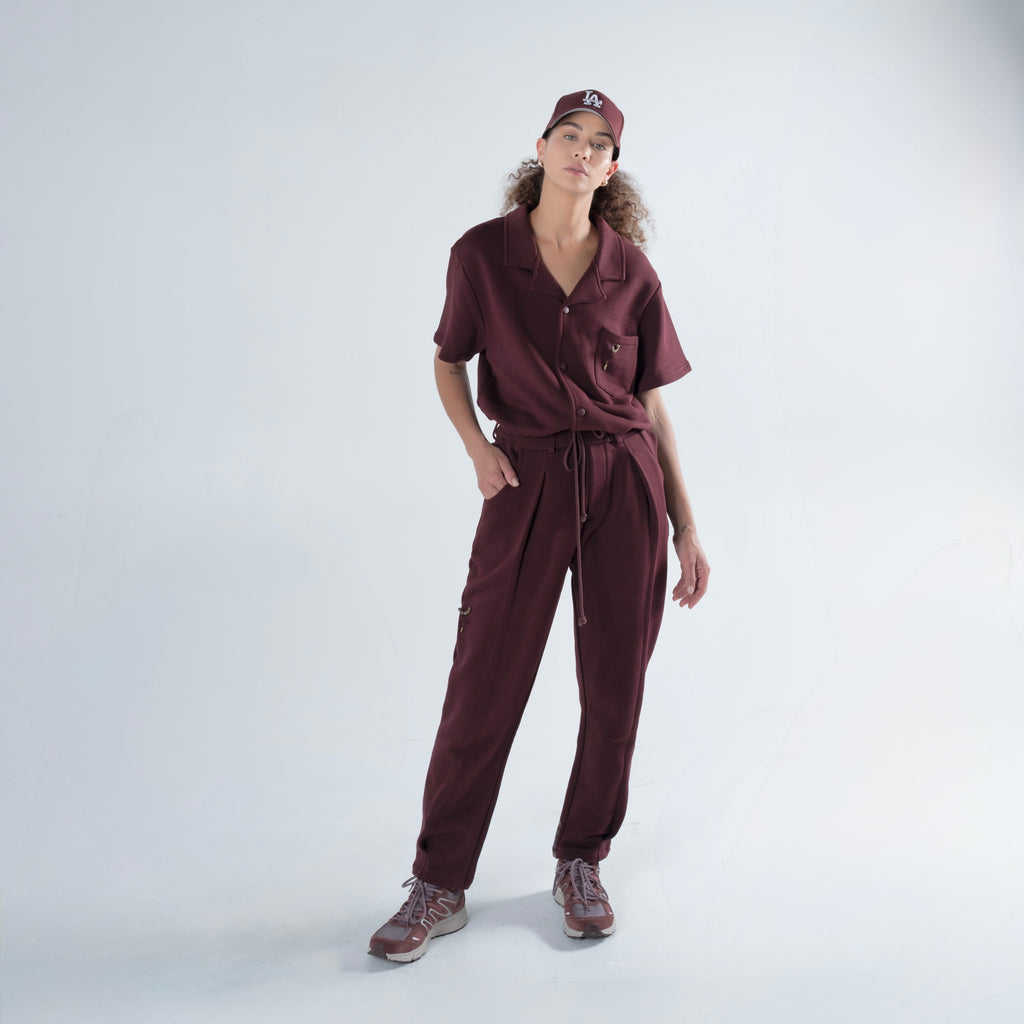 BUTTON DOWN SHORT SLEEVE PLUM SWEATSHIRT